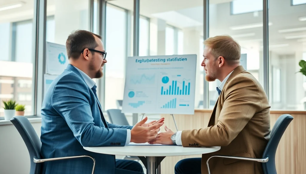 Visualisieren Sie einen professionellen Headhunter Hagen in einem modernen Büro, der mit einem Kandidaten spricht.
