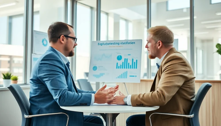 Visualisieren Sie einen professionellen Headhunter Hagen in einem modernen Büro, der mit einem Kandidaten spricht.