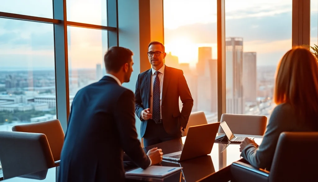 Headhunter CEO engaging candidates in a modern office dialogue.