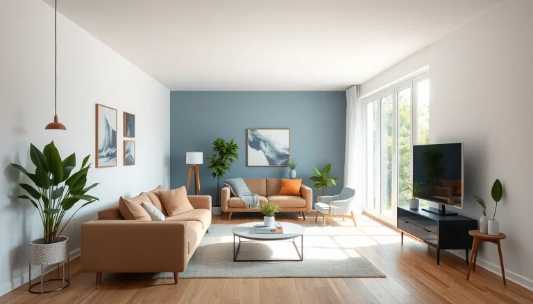 Aktuelle Raumgestaltung mit warmen Erdtönen, stilvollen Möbeln und natürlichen Pflanzen.