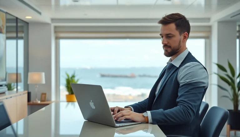 Headhunter Kiel arbeitet fokussiert im Büro mit Küstenblick.