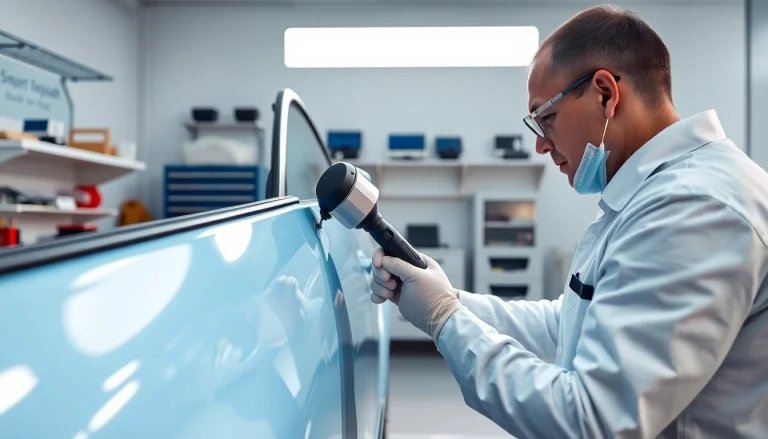 Erfahrene Techniker bei der Smart Repair München, die einen Fahrzeuglack reparieren und kleinen Dellen an Autos mit modernster Technik begegnen.