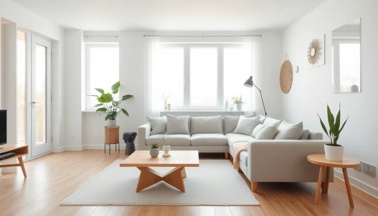 Raumgestaltung eines modernen skandinavischen Wohnzimmers mit warmem Licht und harmonischen Farben.