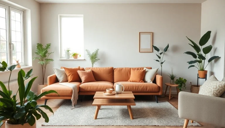 Warm gestaltete Raumgestaltung mit gemütlichem Sofa und Pflanzen.