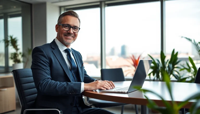 Professioneller Headhunter Karlsruhe, der im modernen Büro mit einem Laptop arbeitet und potenzielle Kandidaten berät.