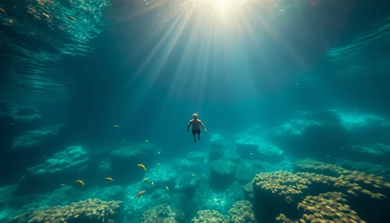 Tauchen Cenotes: Ein Taucher erkundet die faszinierenden Unterwasserwelten in einem Cenote mit klarem Wasser und beeindruckenden Felsformationen.