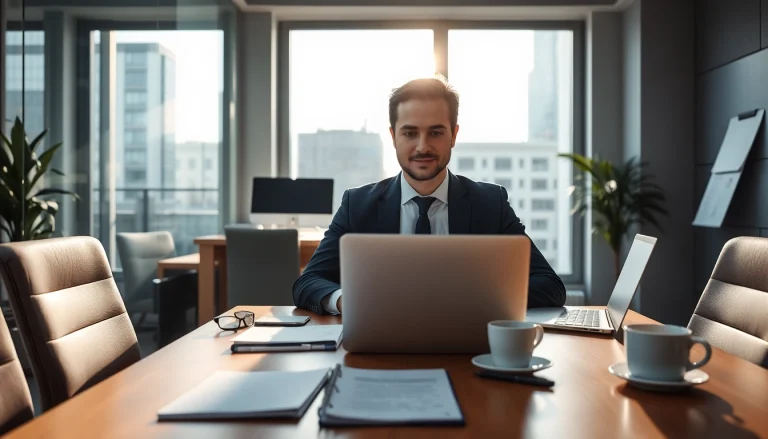 Headhunter Ingenieure bei der Arbeit in einem modernen Büro, umgeben von Lebensläufen und einem Laptop, fokusiert und professionell.