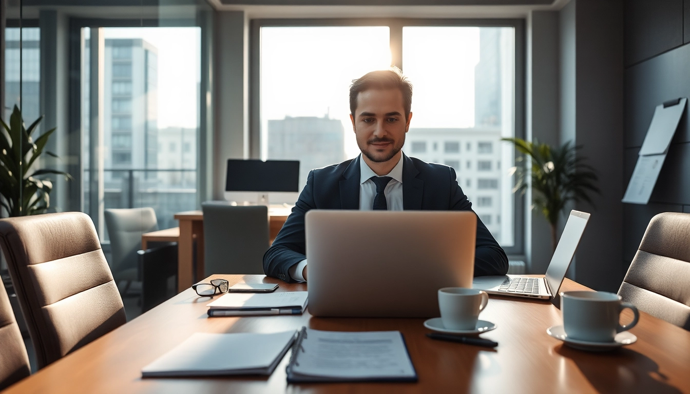 Headhunter Ingenieure bei der Arbeit in einem modernen Büro, umgeben von Lebensläufen und einem Laptop, fokusiert und professionell.