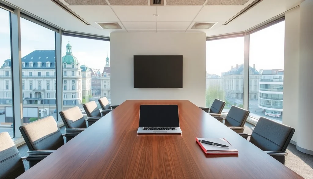 Headhunter Wiesbaden präsentiert ein modernes Büro mit Besprechungstisch und Stadtansicht.