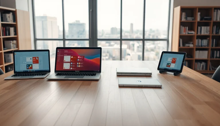 Verwenden von Microsoft Office multilingual auf mehreren Geräten an einem modernen Arbeitsplatz.