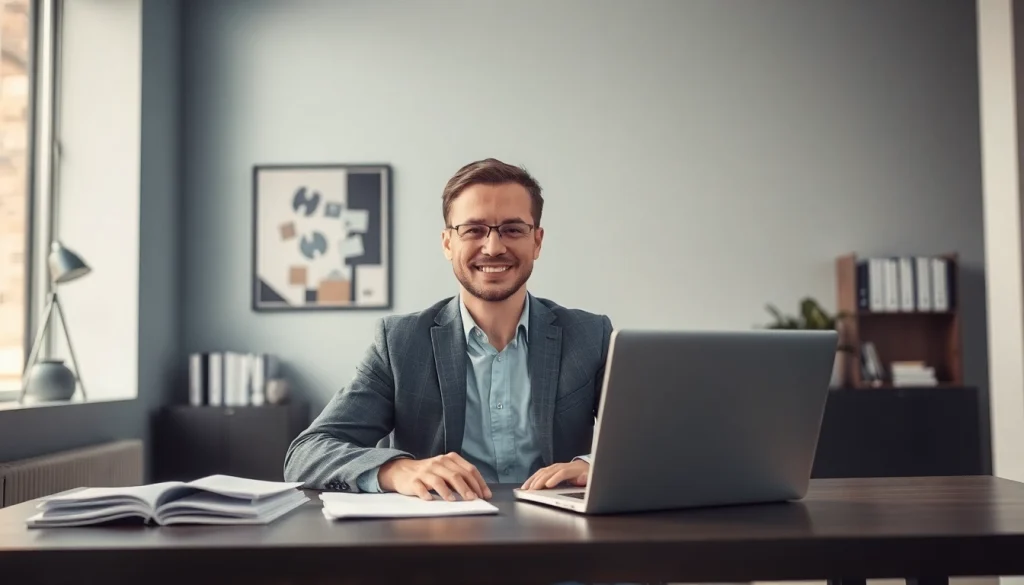 Headhunter Monchengladbach hebt sich in einem modernen Büro ab, umgeben von Fachliteratur und einem Laptop mit Stellenanzeige.