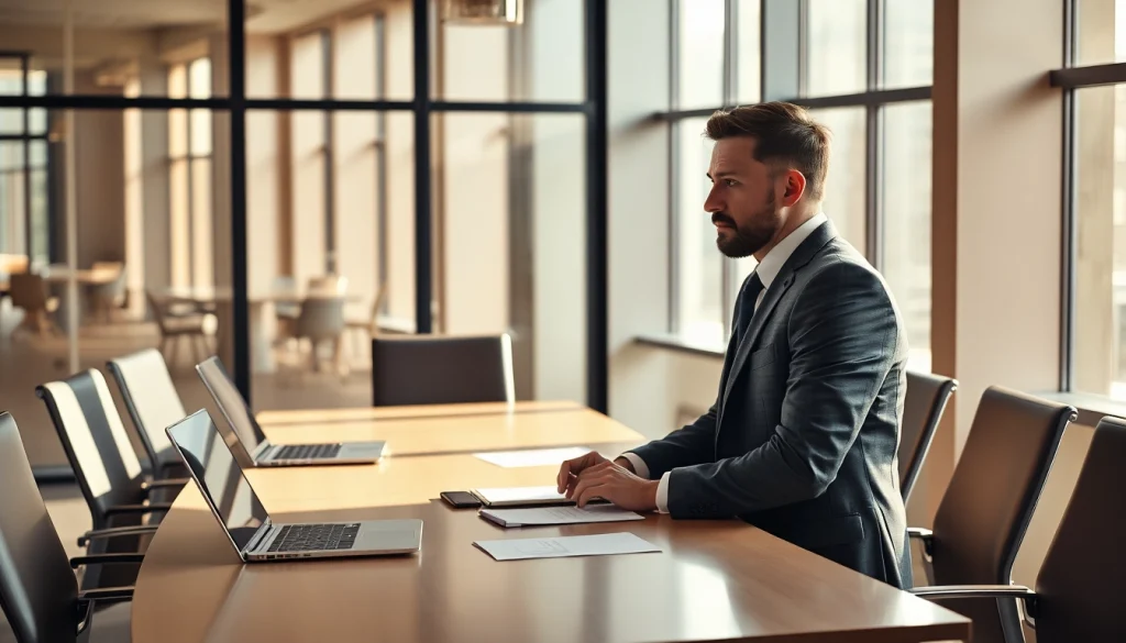 Headhunter in einem modernen Büro, der intensiv mit Kollegen diskutiert.