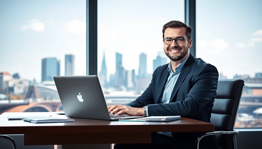Headhunter Frankfurt am Main bei der Arbeit an einem modernen Schreibtisch, mit Blick auf die Skyline.