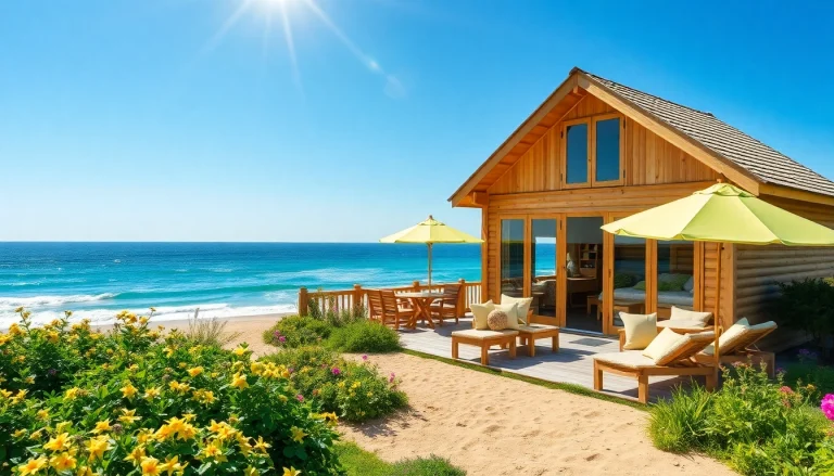 Küstenhütte am Strand mit Blick auf das blaue Meer und bunten Blumen