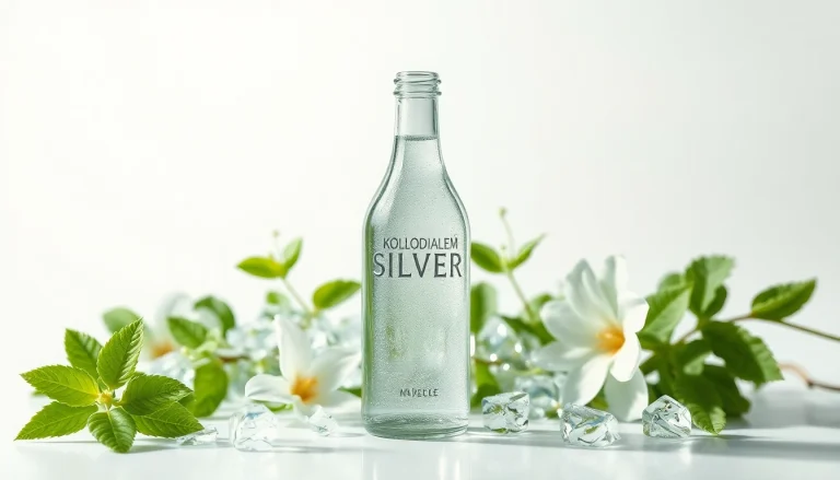 Kolloidales Silber kaufen: Präsentation einer hochwertigen Flasche mit Heilkräutern und frischem Wasser