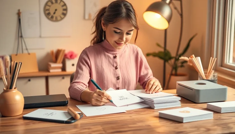 Entwerfen und gestalten Sie persönliche Karten drucken mit Eleganz und Kreativität in einem warmen Arbeitsumfeld.
