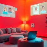 Porn AI chat scene featuring a cozy digital interaction space with high-tech elements and engaging interfaces.