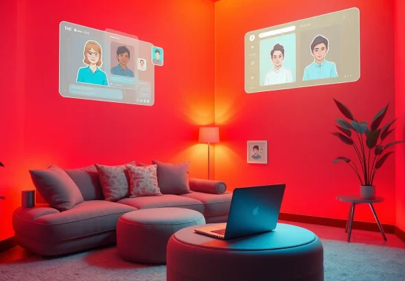 Porn AI chat scene featuring a cozy digital interaction space with high-tech elements and engaging interfaces.