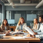 Professionelle Arbeitsumgebung für beglaubigte Übersetzer (Beglaubigte Übersetzer) in einem modernen Büro, in dem verschiedene Personen zusammenarbeiten.