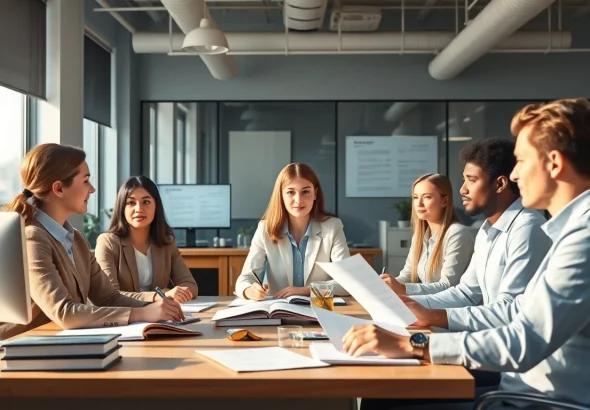 Professionelle Arbeitsumgebung für beglaubigte Übersetzer (Beglaubigte Übersetzer) in einem modernen Büro, in dem verschiedene Personen zusammenarbeiten.