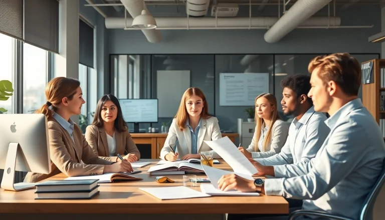 Professionelle Arbeitsumgebung für beglaubigte Übersetzer (Beglaubigte Übersetzer) in einem modernen Büro, in dem verschiedene Personen zusammenarbeiten.