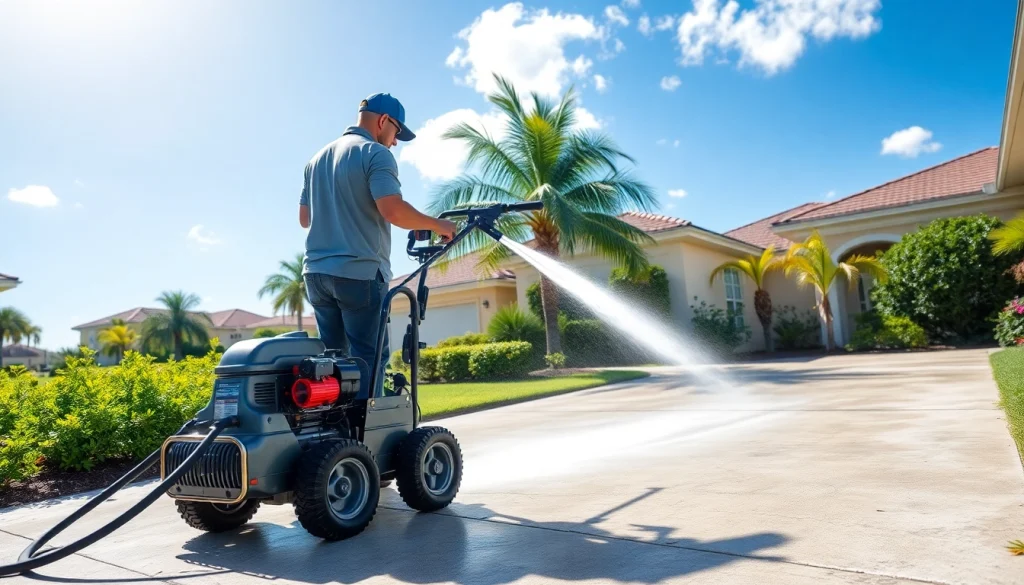 Driveway pressure wash in Kissimmee, FL, showcasing professional cleaning service using modern equipment.
