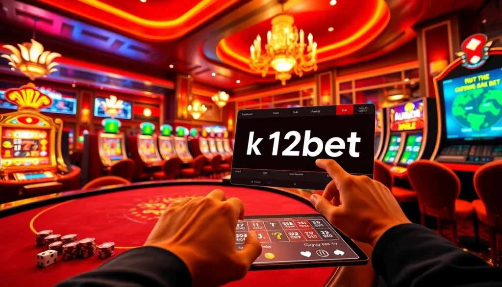 Experience the thrill of online gambling with link 12bet at a luxurious casino setup featuring vibrant slot machines and poker tables.