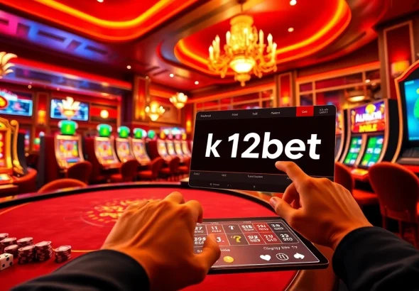 Experience the thrill of online gambling with link 12bet at a luxurious casino setup featuring vibrant slot machines and poker tables.