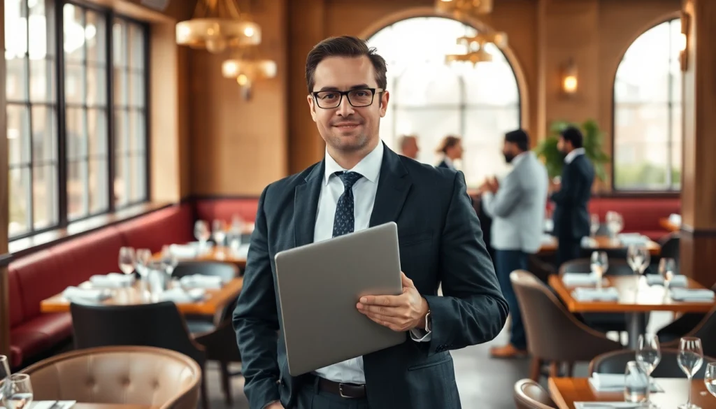 Headhunter Gastronomie im eleganten Restaurant mit Laptop, akzentuiert durch warme Lichtverhältnisse.