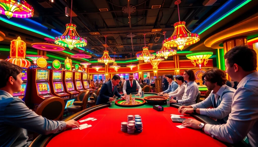Experience the excitement of gambling at https://f8bet.dental/ with vibrant casino scenes featuring thrilling poker games.