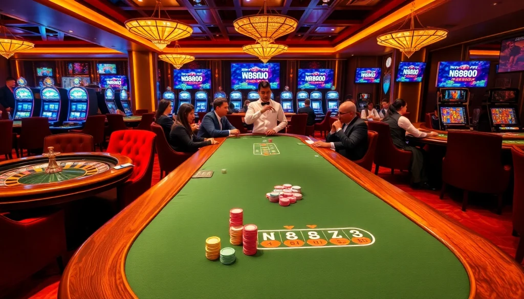 Engage in thrilling gambling activities at nk88.com, featuring vibrant casino tables and machines.