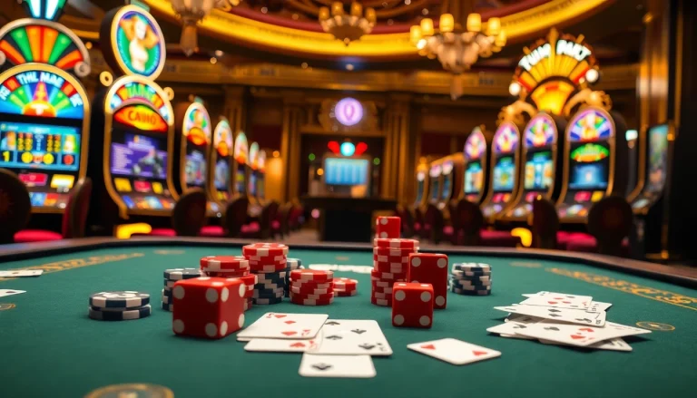 Players enjoying a thrilling game at nhà cái fun79's vibrant casino, engaging with lively slot machines and poker tables.