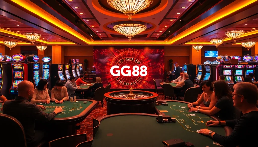 Players engage in thrilling casino games at GG 88, showcasing vibrant chips and an exciting atmosphere.