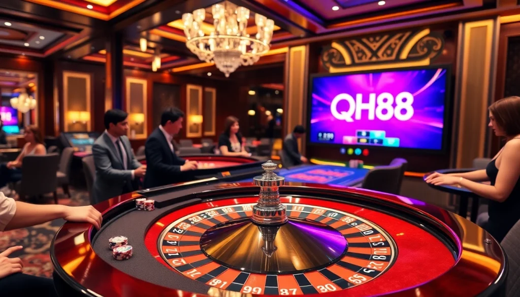 Players engaging in exciting casino action at QH88 gaming table with vibrant bets.