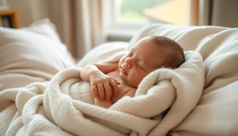 Neugeborenes bei einem Fotoshooting, gefangen in warmer, natürlicher Beleuchtung und zarte Farben.
