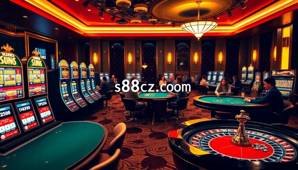 A gambler enjoying a slot machine at s8cz.com, experiencing excitement and luxury in a stunning casino setting.