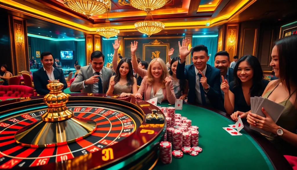 Experience thrilling gameplay at NOHU's luxurious casino with poker chips and roulette wheels.