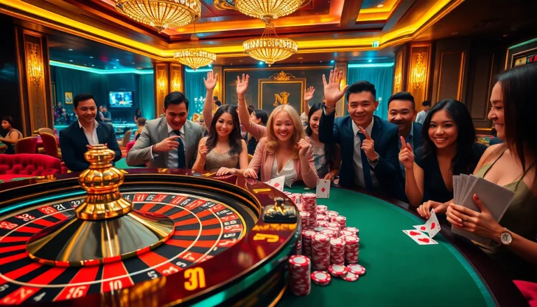 Experience thrilling gameplay at NOHU's luxurious casino with poker chips and roulette wheels.