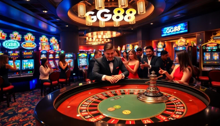 Experience the thrill of casino gaming with GG88's vibrant roulette table and enthusiastic players.