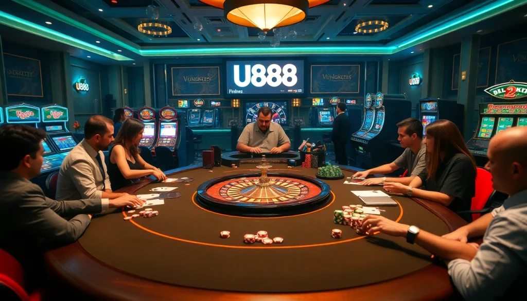 Players enjoying U888 casino games at a vibrant, luxurious gaming table.