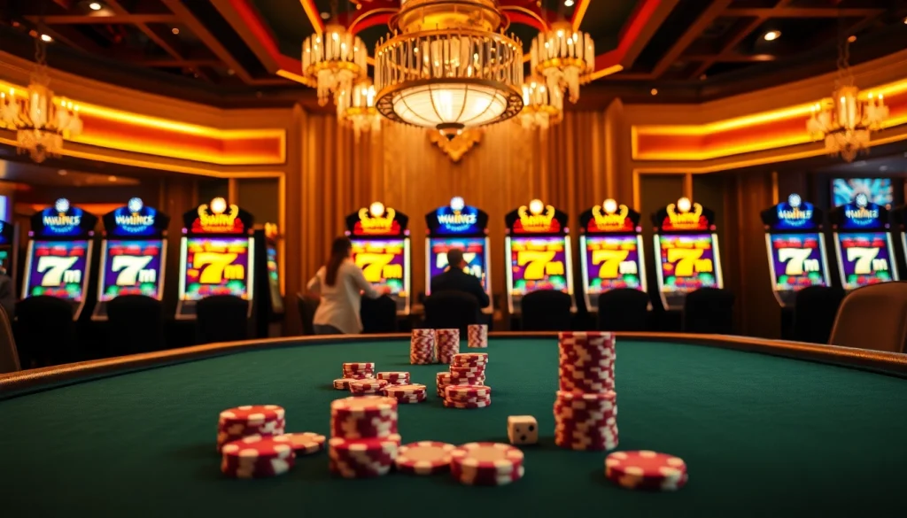 7m poker players engaging at a luxurious casino table surrounded by vibrant slot machines.