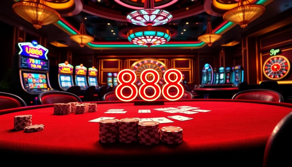 Experience the excitement of U888 at a luxurious casino with vibrant gaming tables and slot machines.