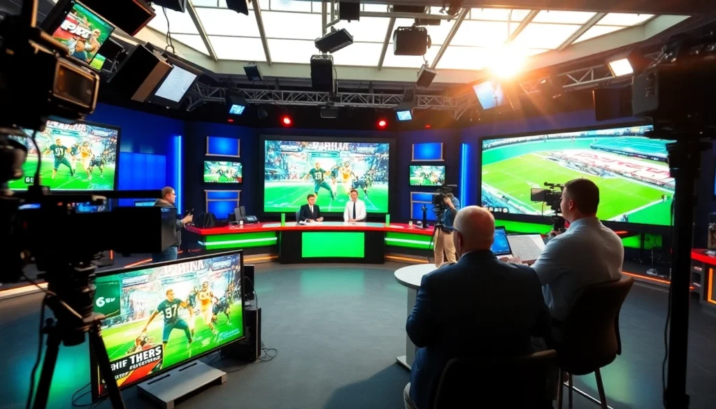 Engaging sports broadcasting scene showcasing analysts and vibrant graphics.
