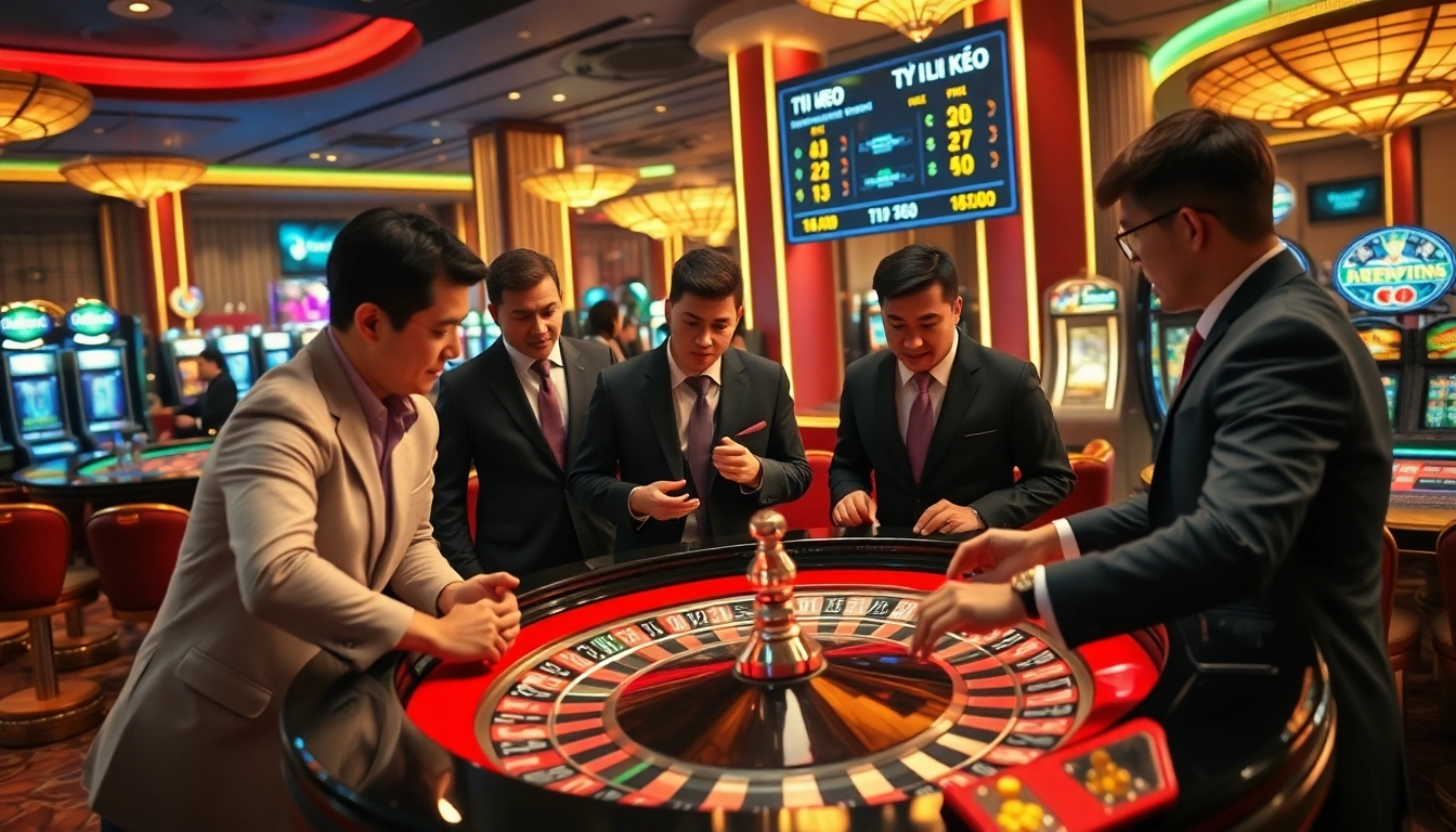 Gamblers analyzing tỷ lệ kèo at a luxurious casino table, with vibrant chips and roulette.