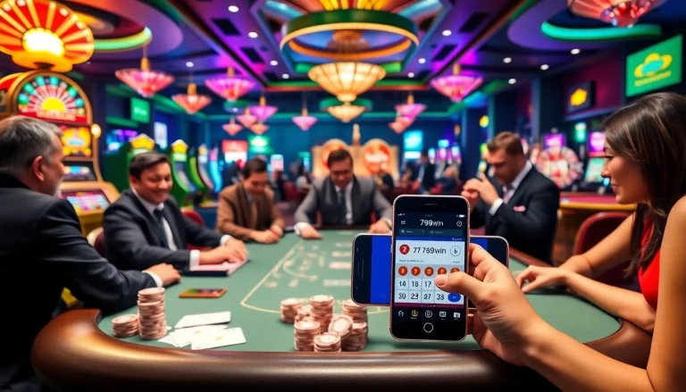 Exciting gameplay at nhà cái 789win with vibrant tables, poker chips, and players in a luxurious casino setting.