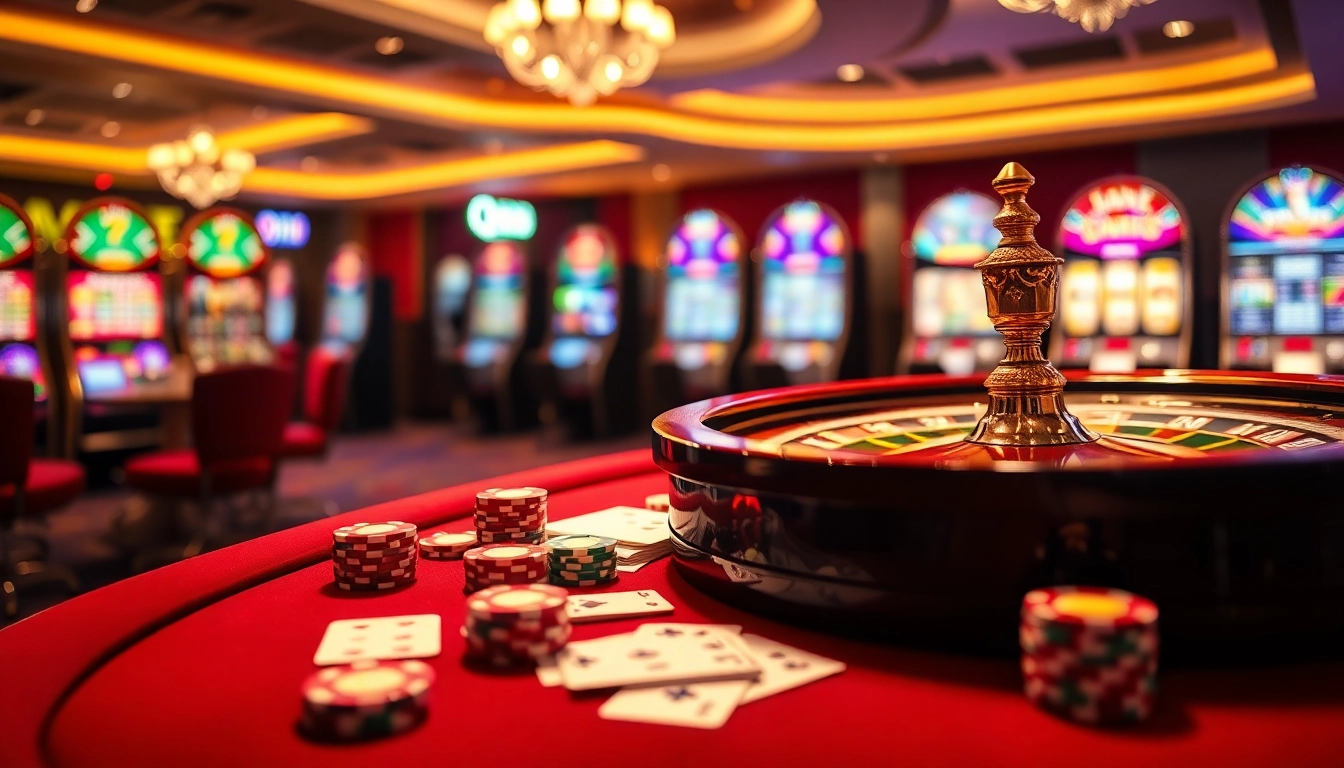 Experience the thrill of gambling at qh88 with a luxurious casino ambiance featuring poker tables and chips.