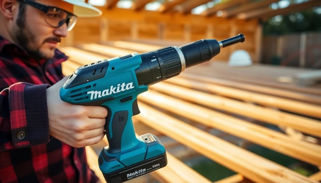 Makita Elektrowerkzeuge in einem professionellen Außenbauumfeld präsentiert