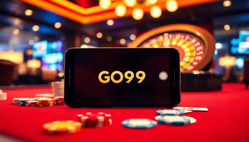 Experience the GO99 app with vibrant casino elements like chips and cards.