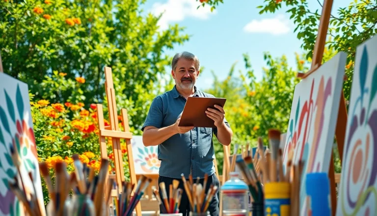 Artist creating a vibrant painting outdoors with a palette in hand.