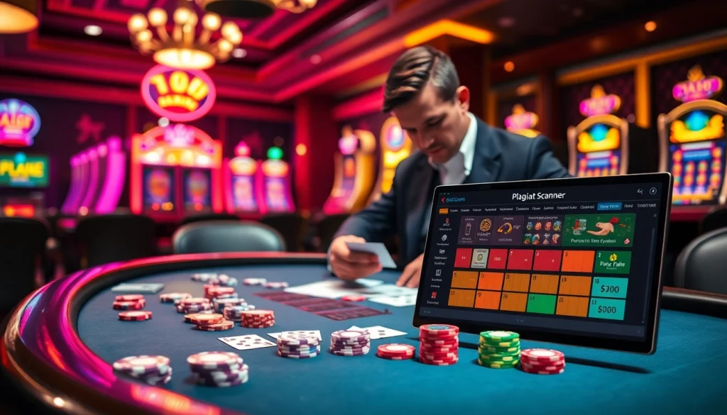 Gambling enthusiast using the Plagiat Scanner to ensure quality in a luxurious casino setting.